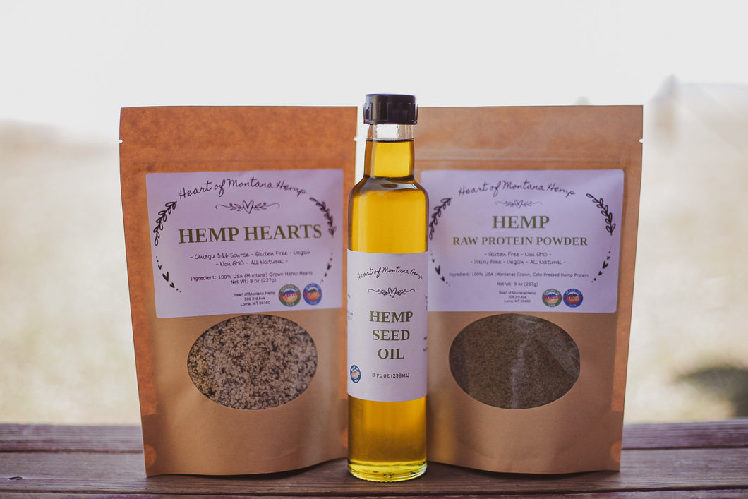 Hemp Foods Bundle - Hemp Hearts, Cold-Pressed Hemp Seed Oil, & Hemp Protein